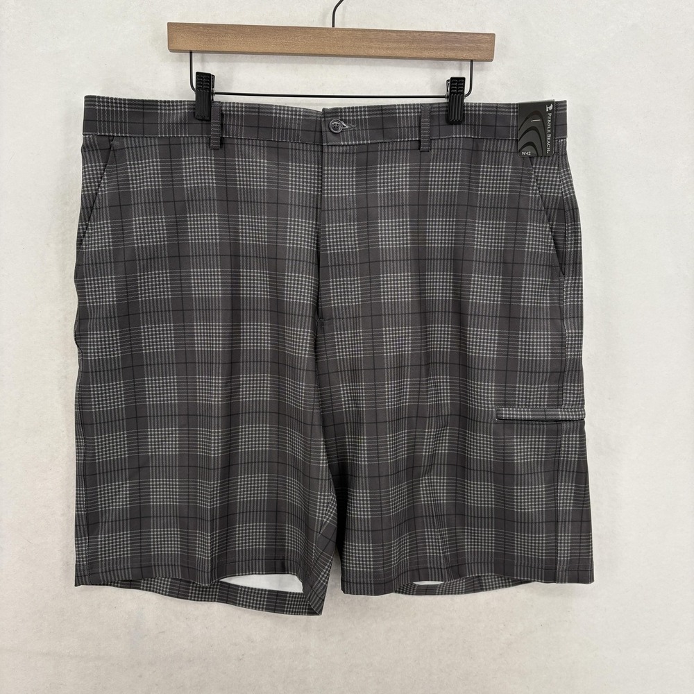 Pebble Beach Performance Shorts Mens 42 Gray Plaid Cargo Golf 10" Stretch NWT
